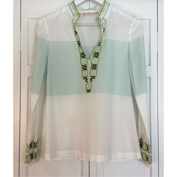Tory Burch white green ombre embroidered tunic blouse 0 - Picture 10 of 11